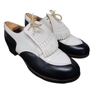 VINTAGE DUPONT CORFAM BLACK WHITE WINGTIP GOLF SHOES WITH CLEATS 6